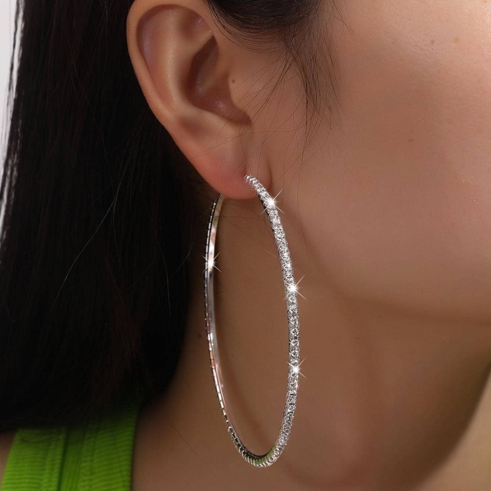 Silver Tone Extra Large Rhinestone Hoop Earrings Statement Hoops 3/$30